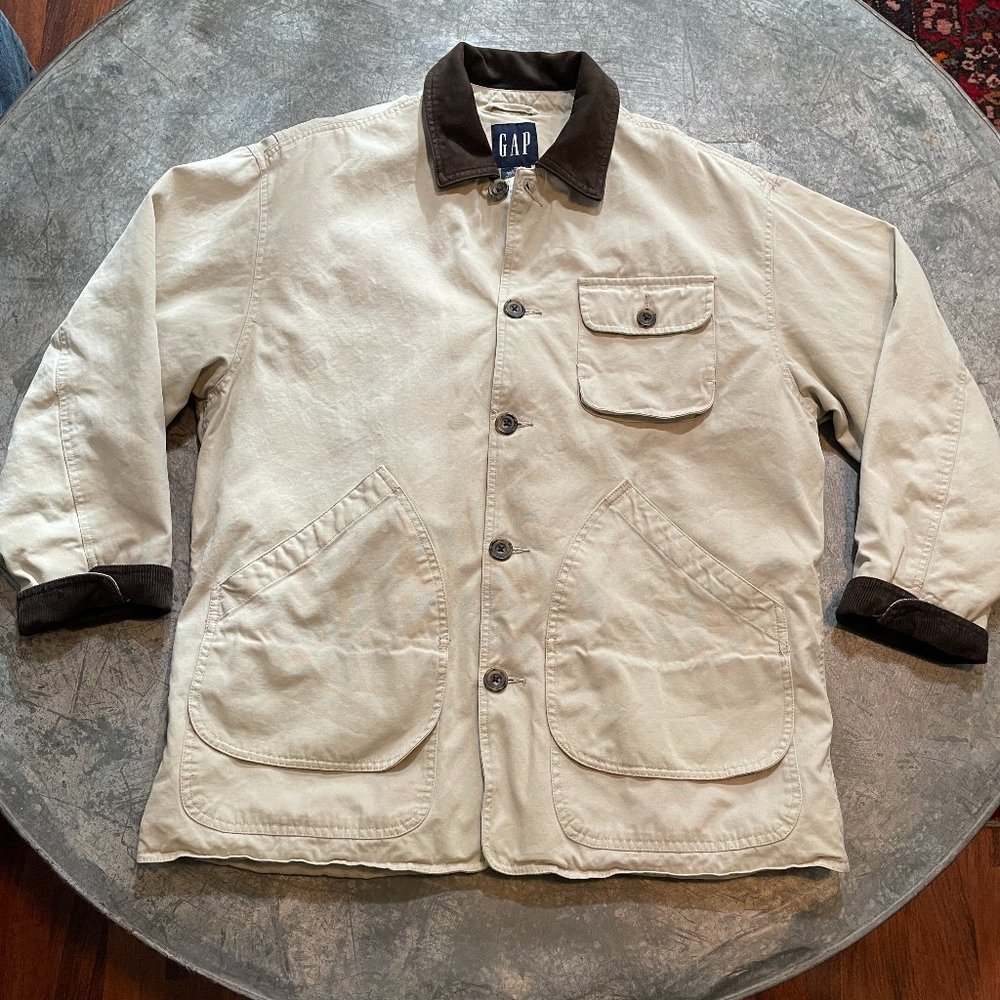 Vintage Gap Corduroy Leather Trim Chore Jacket Cream Off-White Brown Medium